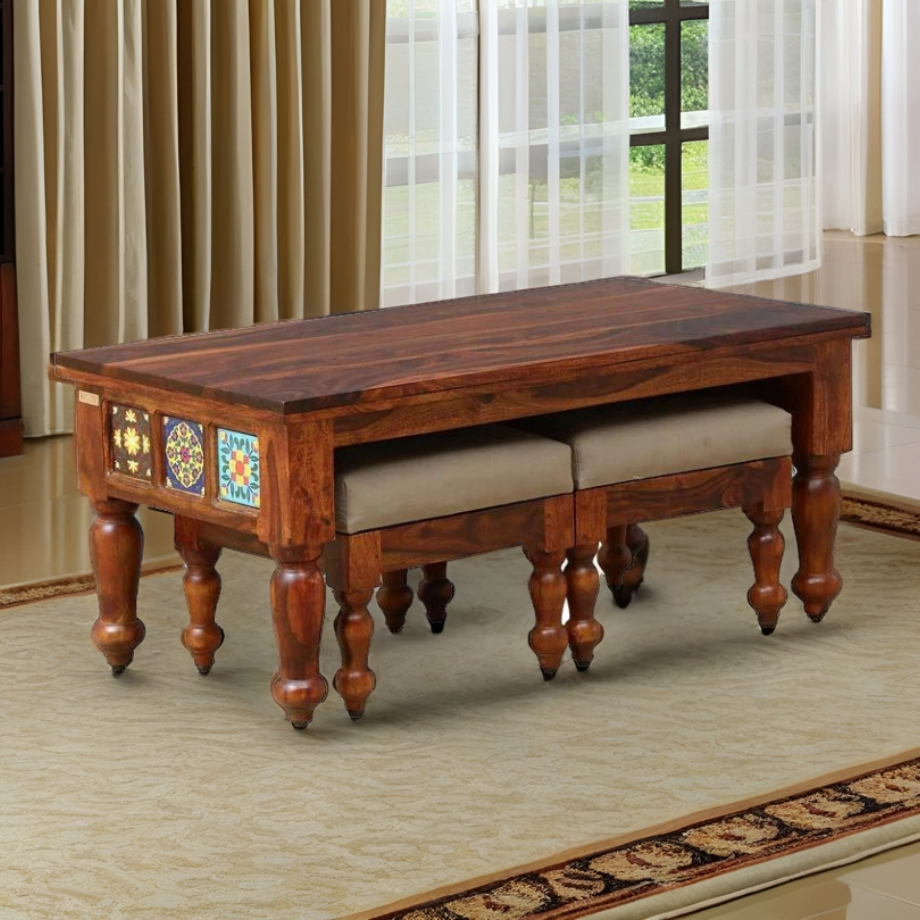 Harper Solid Sheesham Wood Coffee Table With 2 Stools