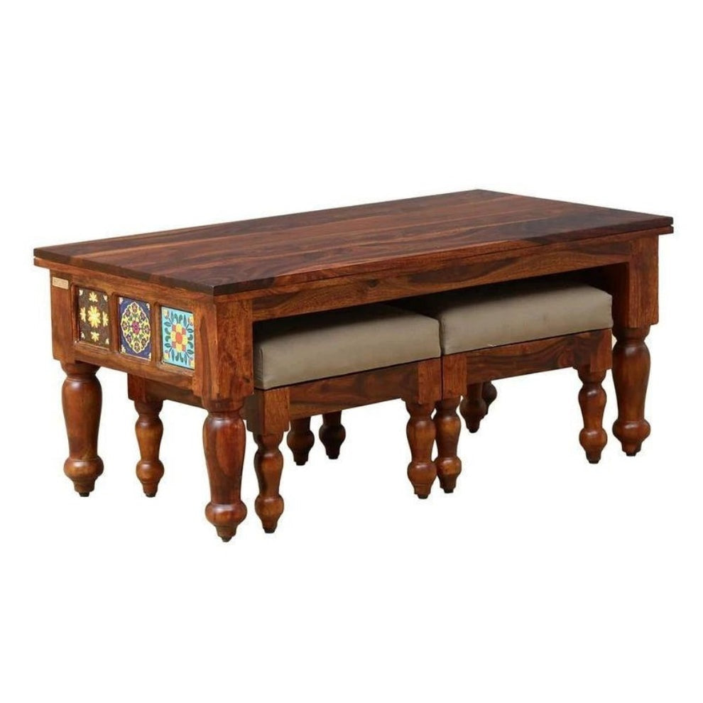 Harper Solid Sheesham Wood Coffee Table With 2 Stools