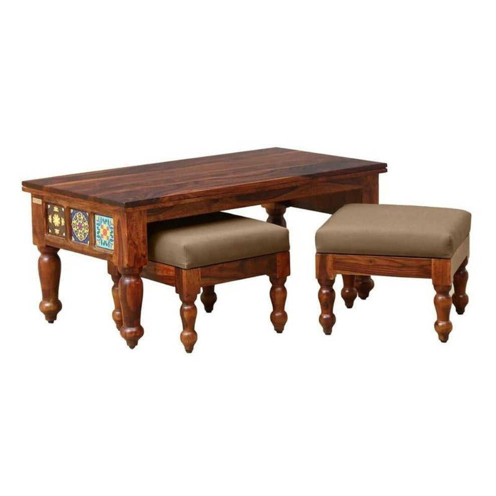 Harper Solid Sheesham Wood Coffee Table With 2 Stools