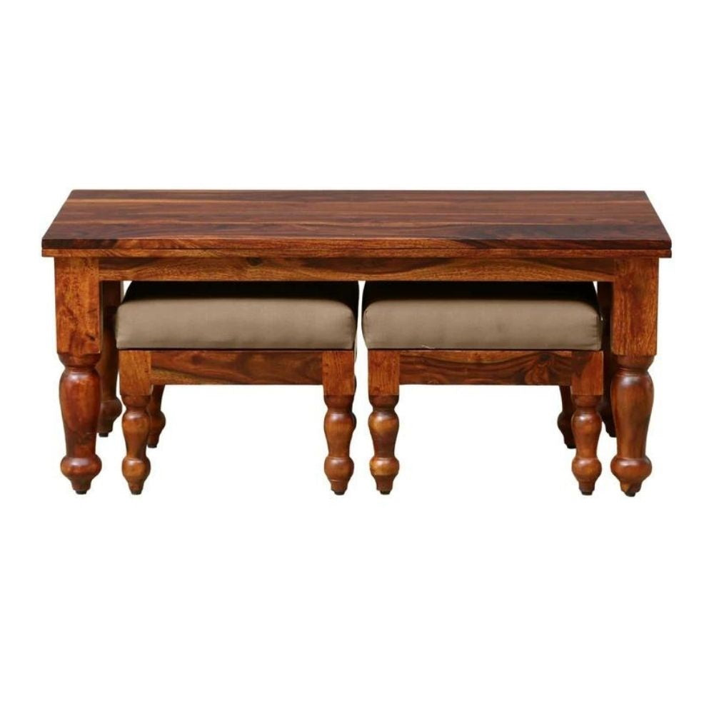 Harper Solid Sheesham Wood Coffee Table With 2 Stools