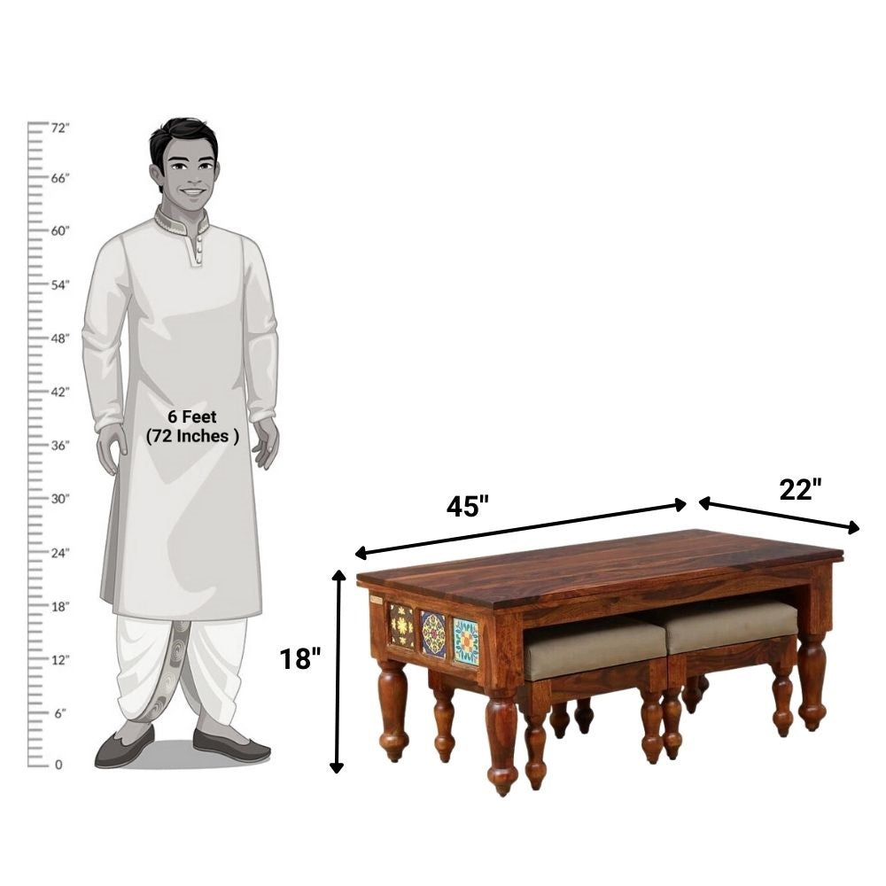 Harper Solid Sheesham Wood Coffee Table With 2 Stools