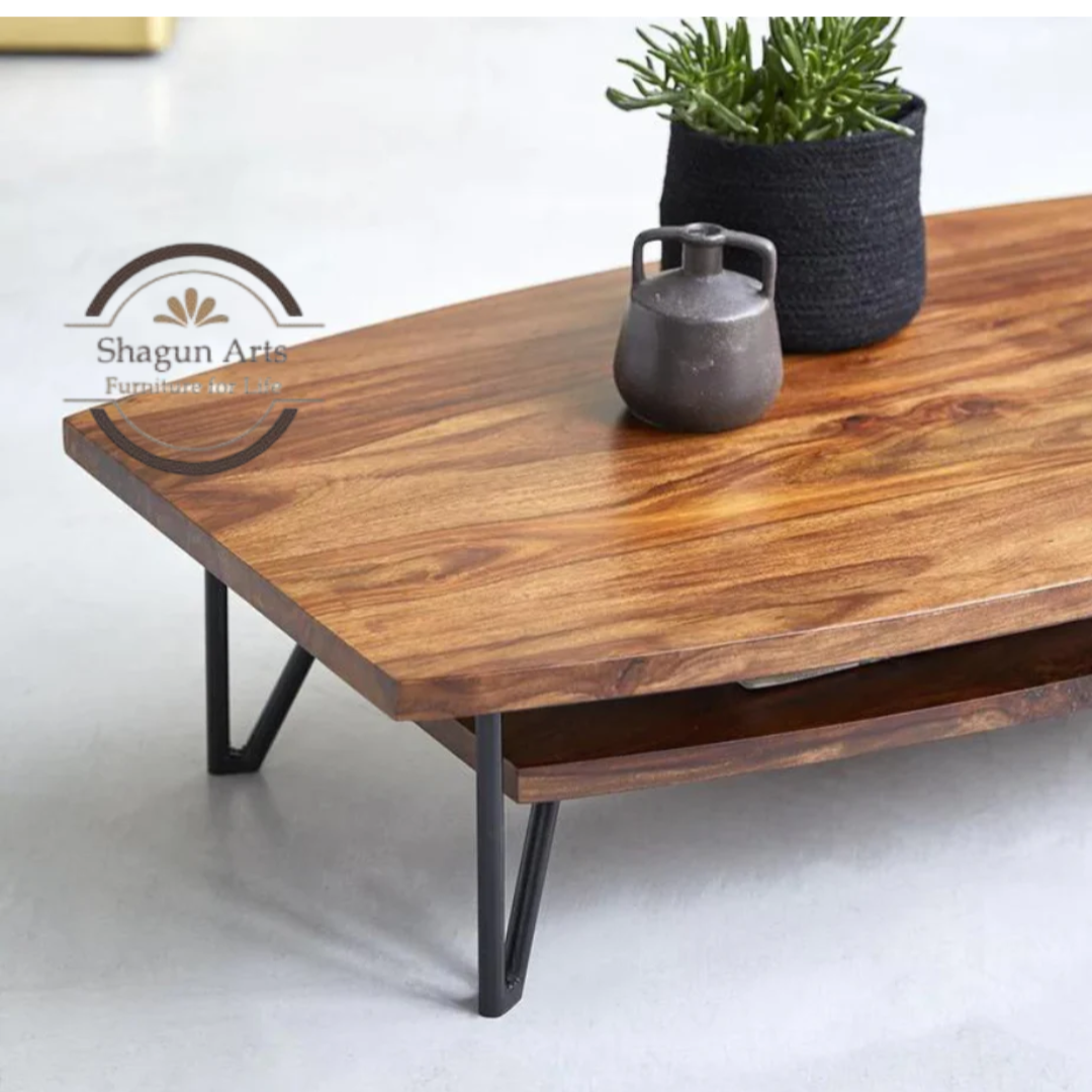 Yardley Solid Wood Modern Coffee Table with Lower Shelf, Rustic Brown Finish & Metal Legs for Living Room Sheesham Wood Coffee Table In Provencial Teak Finish