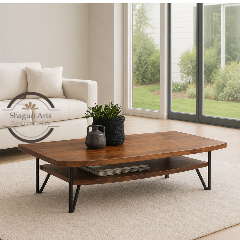 Yardley Solid Wood Modern Coffee Table with Lower Shelf, Rustic Brown Finish & Metal Legs for Living Room Sheesham Wood Coffee Table In Provencial Teak Finish