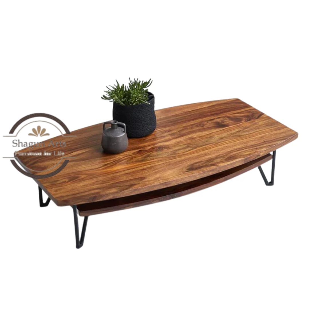Yardley Solid Wood Modern Coffee Table with Lower Shelf, Rustic Brown Finish & Metal Legs for Living Room Sheesham Wood Coffee Table In Provencial Teak Finish