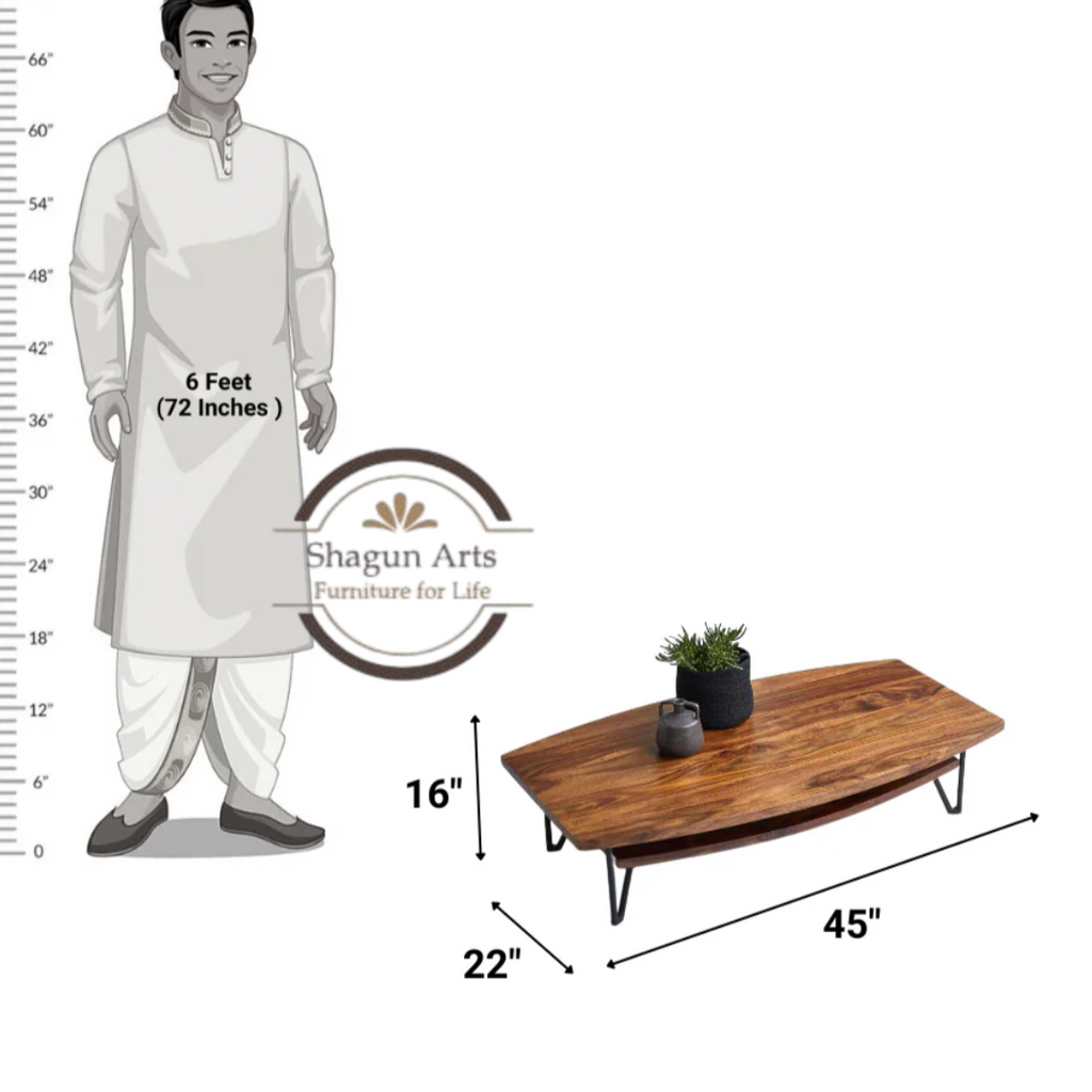 Yardley Solid Wood Modern Coffee Table with Lower Shelf, Rustic Brown Finish & Metal Legs for Living Room Sheesham Wood Coffee Table In Provencial Teak Finish