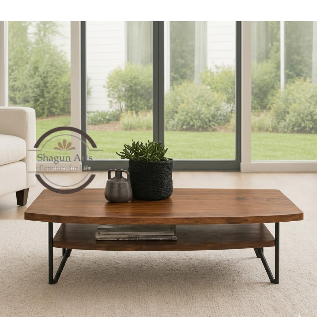 Yardley Solid Wood Modern Coffee Table with Lower Shelf, Rustic Brown Finish & Metal Legs for Living Room Sheesham Wood Coffee Table In Provencial Teak Finish