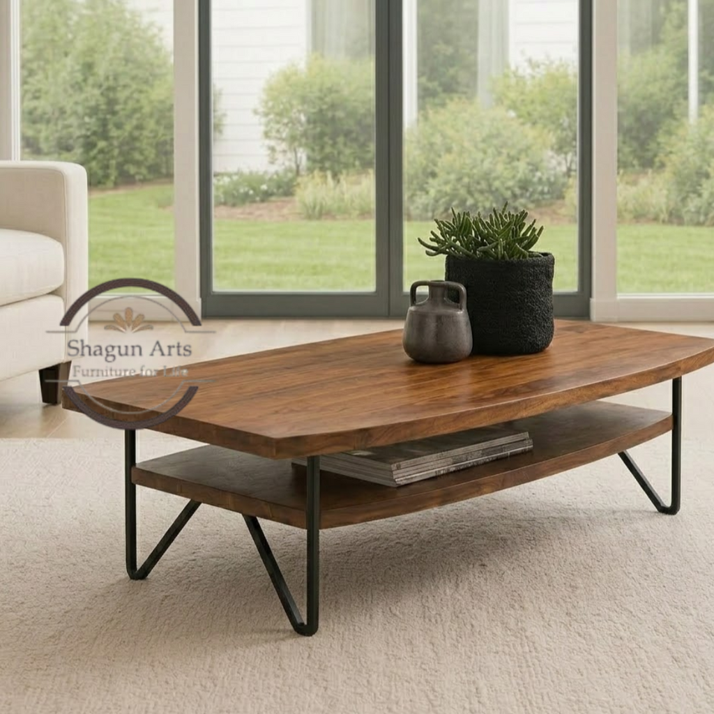 Yardley Solid Wood Modern Coffee Table with Lower Shelf, Rustic Brown Finish & Metal Legs for Living Room Sheesham Wood Coffee Table In Provencial Teak Finish