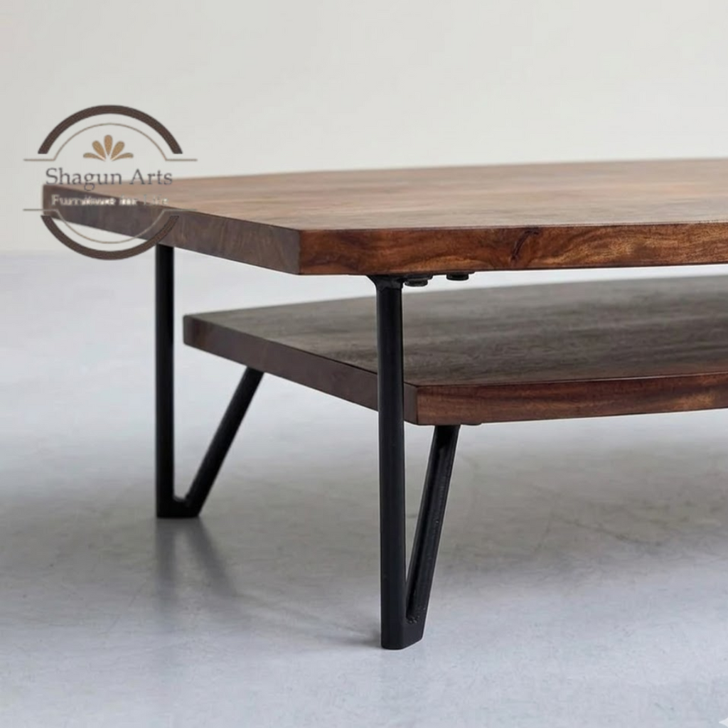 Yardley Solid Wood Modern Coffee Table with Lower Shelf, Rustic Brown Finish & Metal Legs for Living Room Sheesham Wood Coffee Table In Provencial Teak Finish
