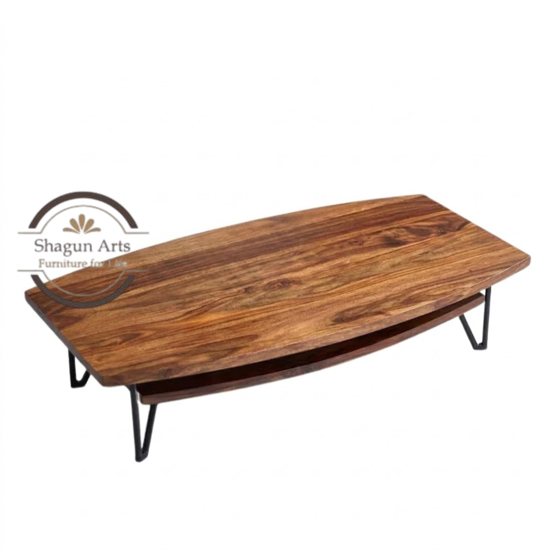 Yardley Solid Wood Modern Coffee Table with Lower Shelf, Rustic Brown Finish & Metal Legs for Living Room Sheesham Wood Coffee Table In Provencial Teak Finish