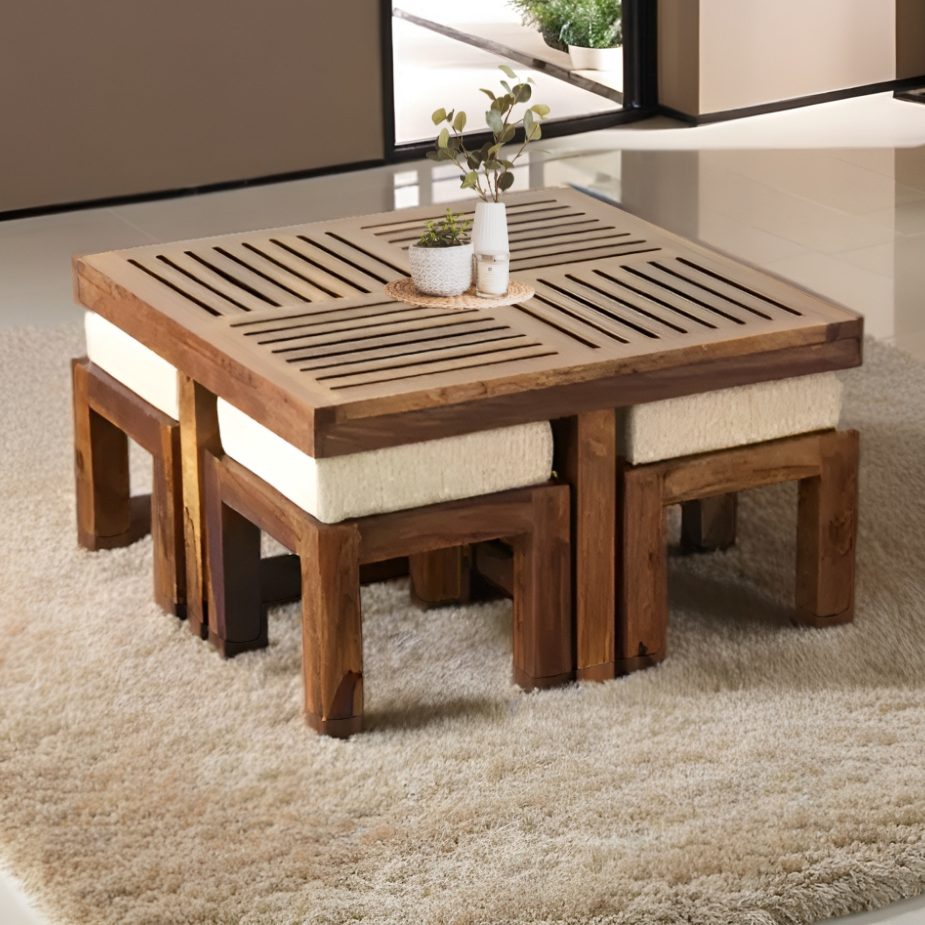 Rowan Solid Sheesham Wood Centre Coffee Table With 4 Stools