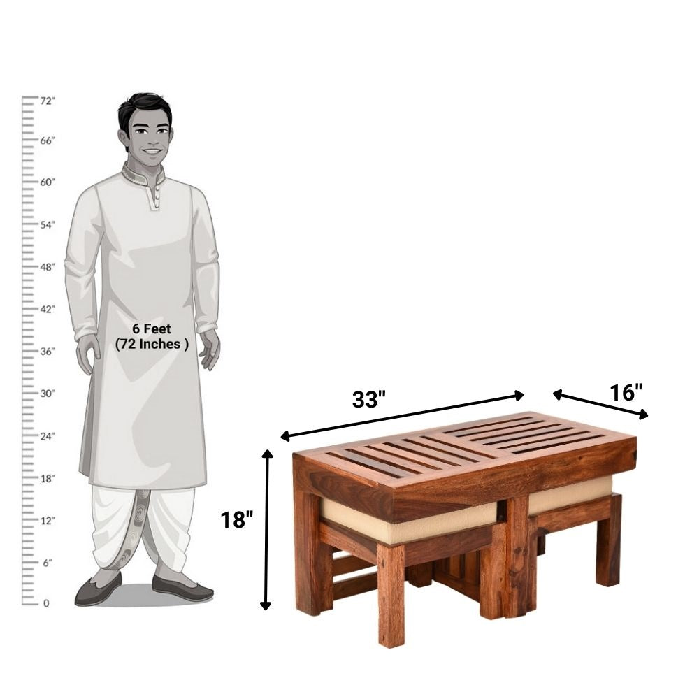 Emerson Solid Sheesham Wood Coffee Table With 2 Stools