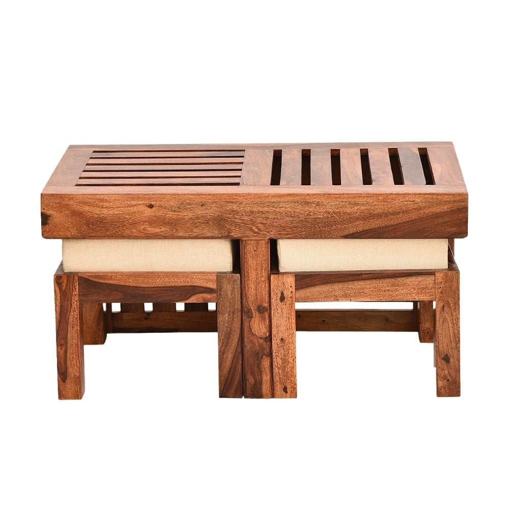 Emerson Solid Sheesham Wood Coffee Table With 2 Stools