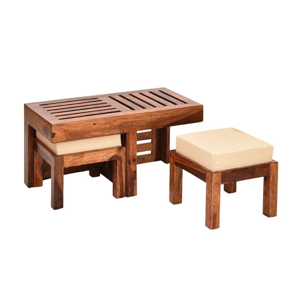 Emerson Solid Sheesham Wood Coffee Table With 2 Stools