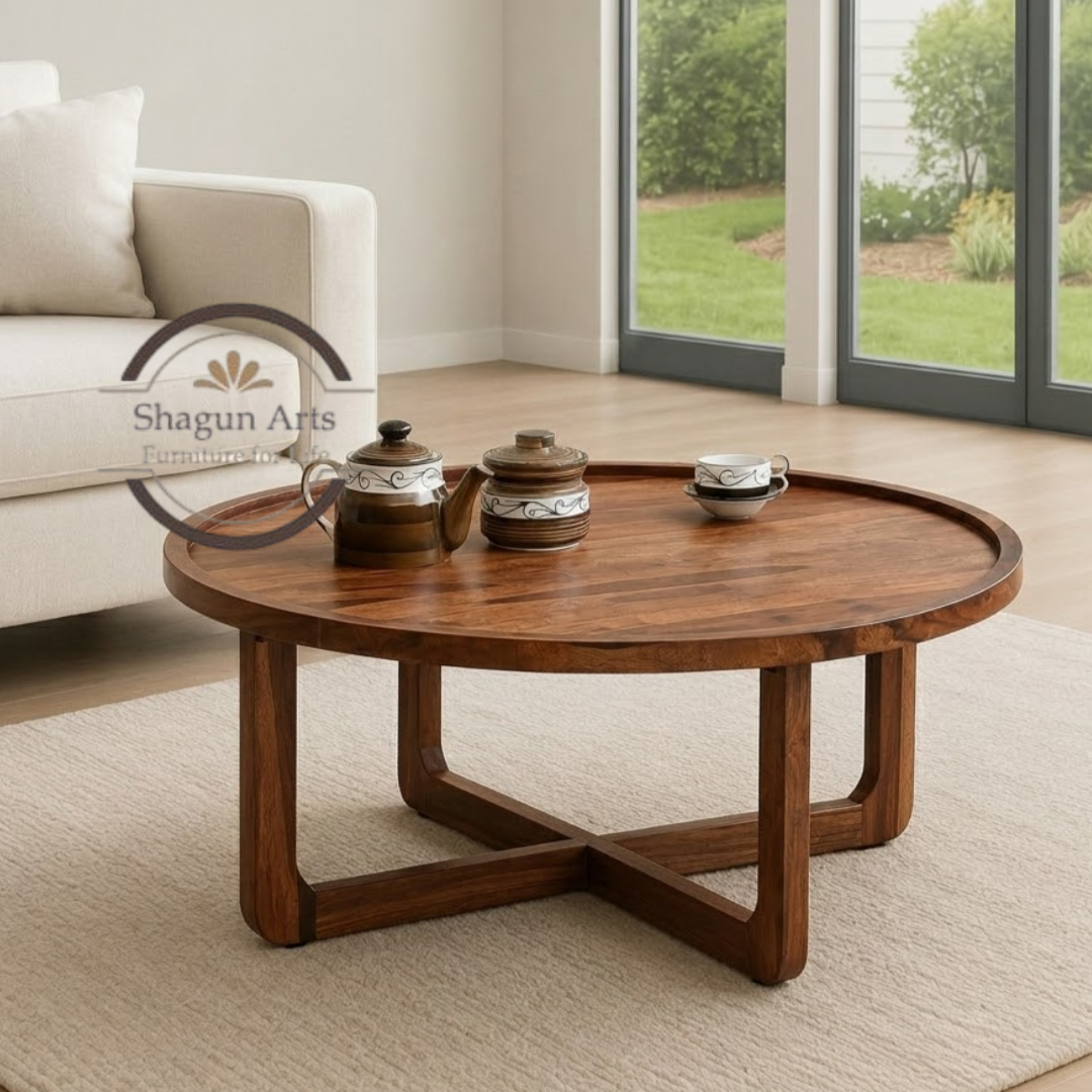 Dorian Solid Sheesham Wood Oval Coffee Table with Cross-Leg Base In Provencial Teak Finish