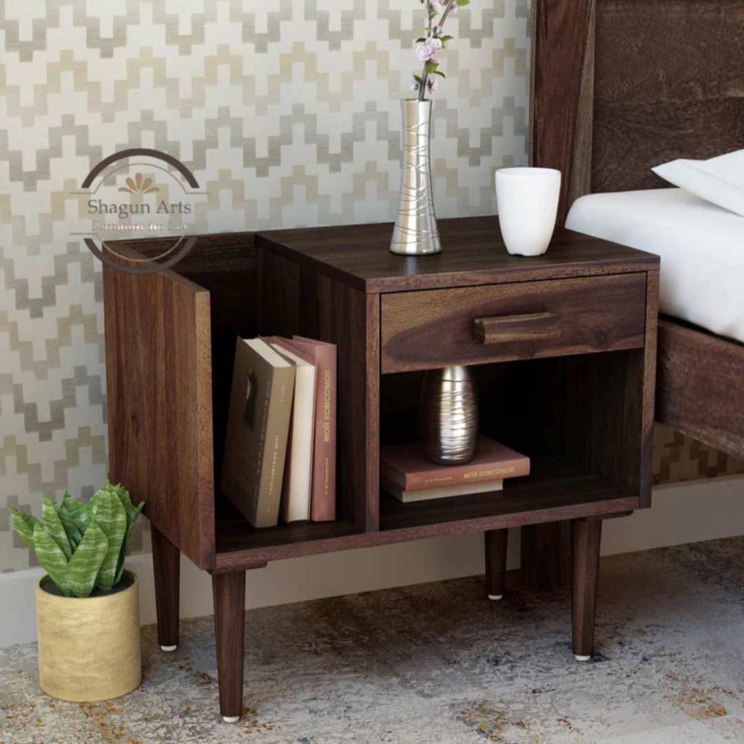 Solid Sheesham Wood Bedside Table with 1 Drawer, Open Shelf & Magazine Holder | Modern Wooden Nightstand | Walnut FinishTeak Finish