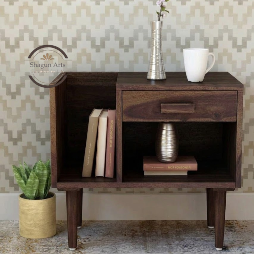 Solid Sheesham Wood Bedside Table with 1 Drawer, Open Shelf & Magazine Holder | Modern Wooden Nightstand | Walnut FinishTeak Finish