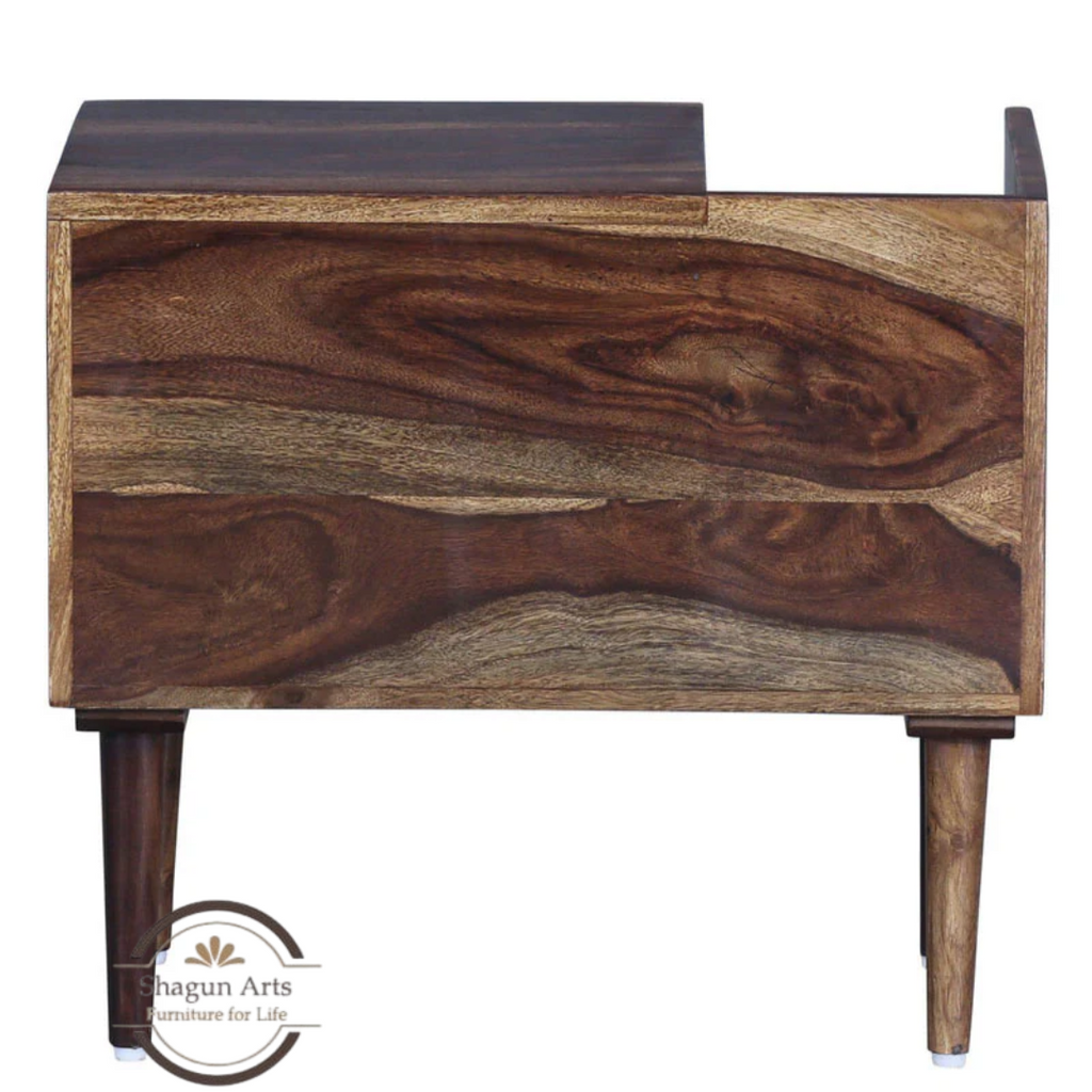 Solid Sheesham Wood Bedside Table with 1 Drawer, Open Shelf & Magazine Holder | Modern Wooden Nightstand | Walnut FinishTeak Finish