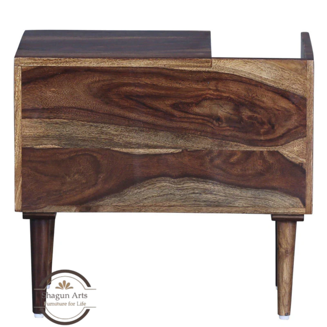 Solid Sheesham Wood Bedside Table with 1 Drawer, Open Shelf & Magazine Holder | Modern Wooden Nightstand | Walnut FinishTeak Finish