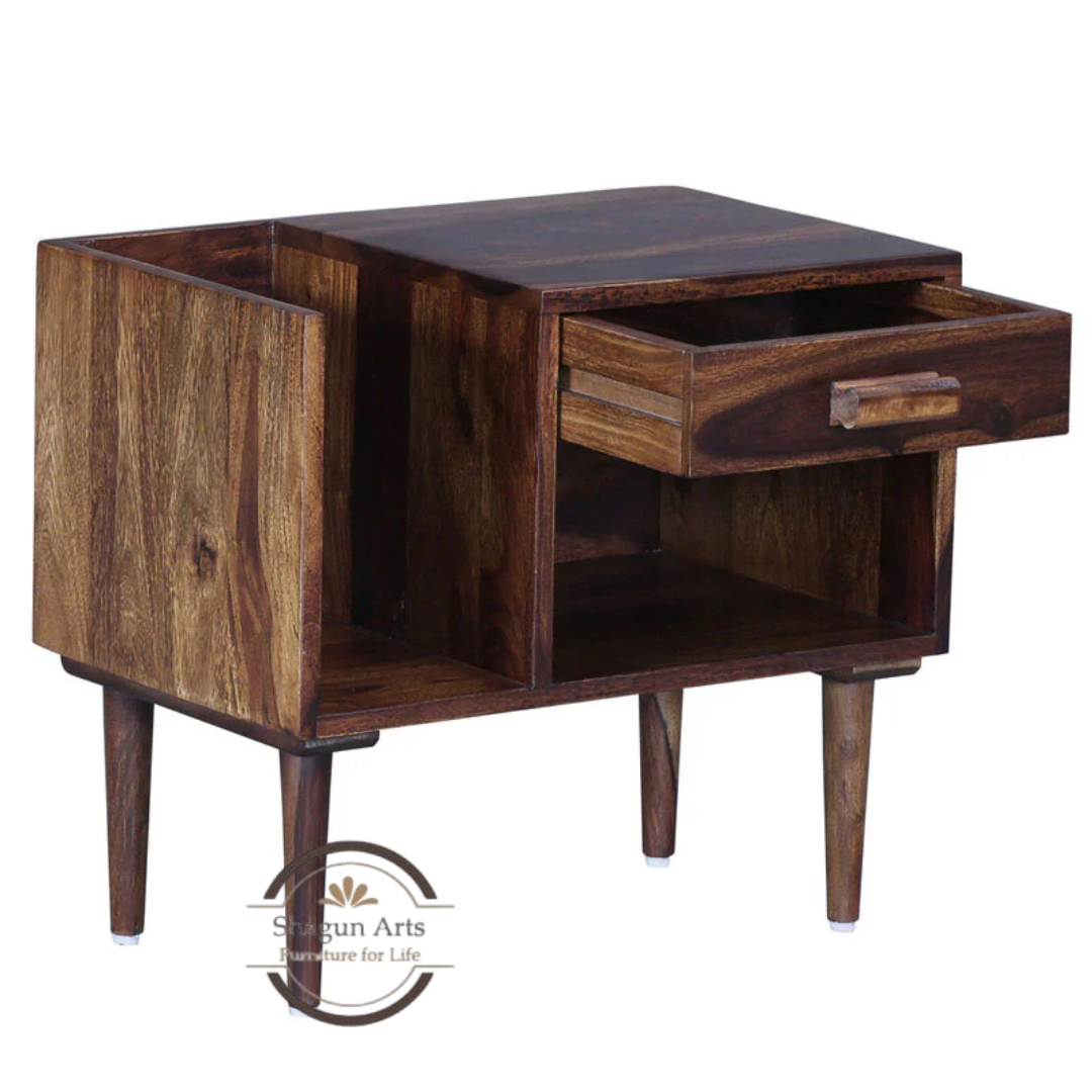 Solid Sheesham Wood Bedside Table with 1 Drawer, Open Shelf & Magazine Holder | Modern Wooden Nightstand | Walnut FinishTeak Finish
