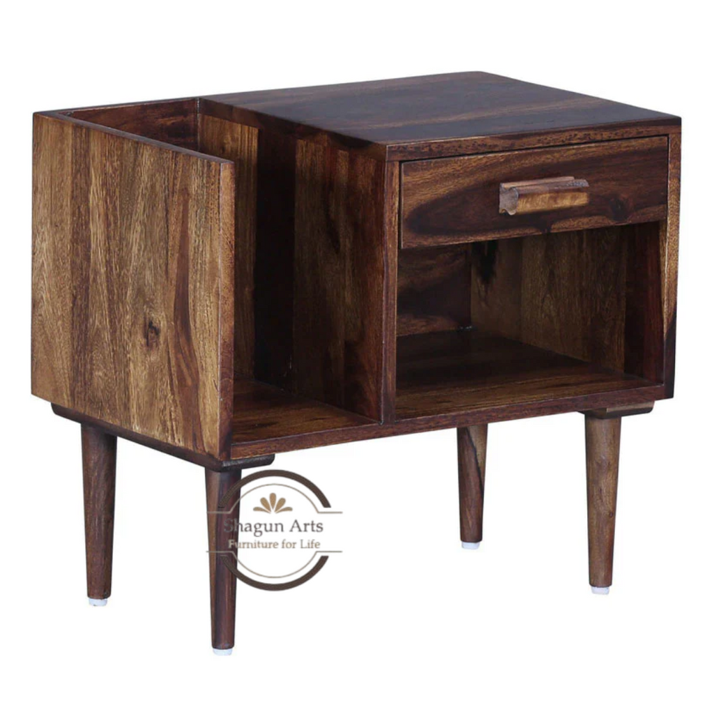 Solid Sheesham Wood Bedside Table with 1 Drawer, Open Shelf & Magazine Holder | Modern Wooden Nightstand | Walnut FinishTeak Finish