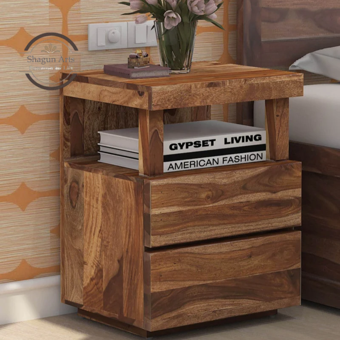 Solid Sheesham Wood Bedside Table with 2 Drawers & Open Shelf | Modern Wooden Nightstand | Walnut Finish