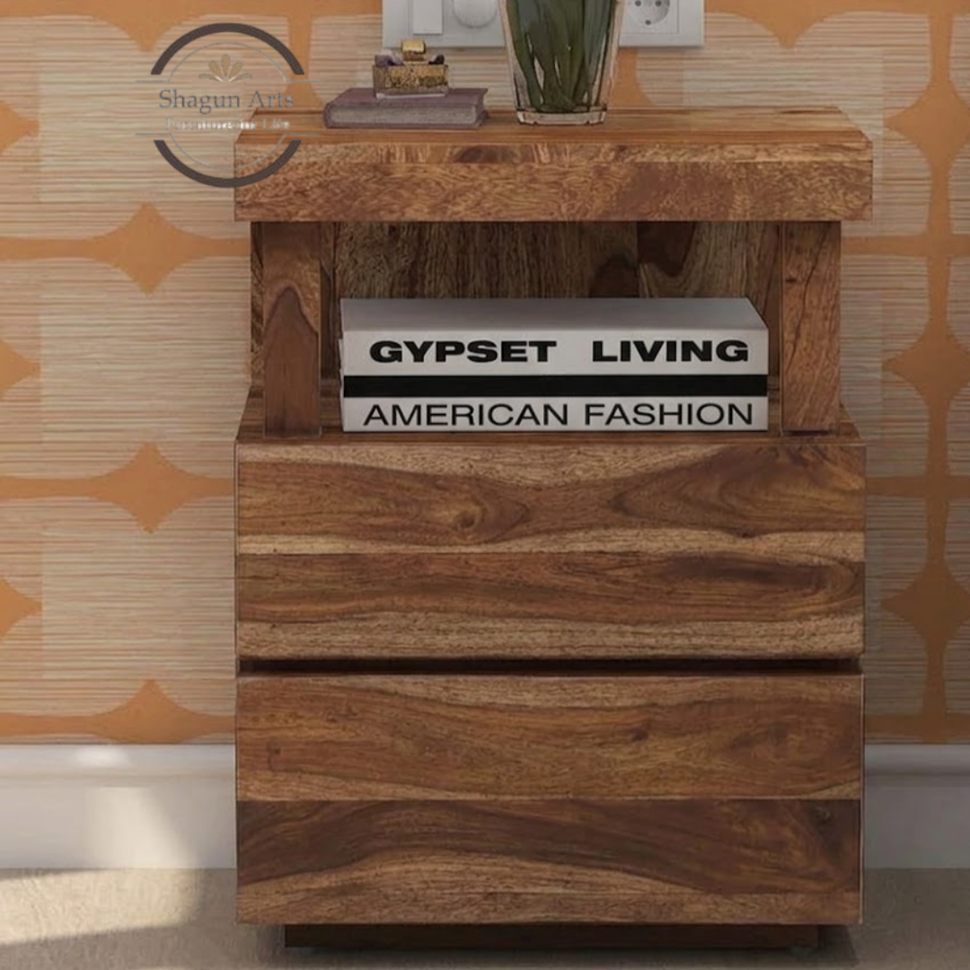Solid Sheesham Wood Bedside Table with 2 Drawers & Open Shelf | Modern Wooden Nightstand | Walnut Finish