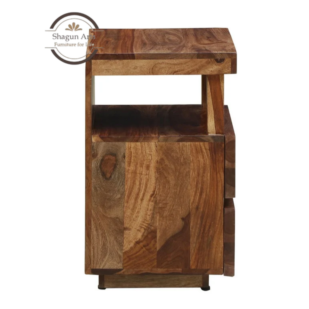 Solid Sheesham Wood Bedside Table with 2 Drawers & Open Shelf | Modern Wooden Nightstand | Walnut Finish