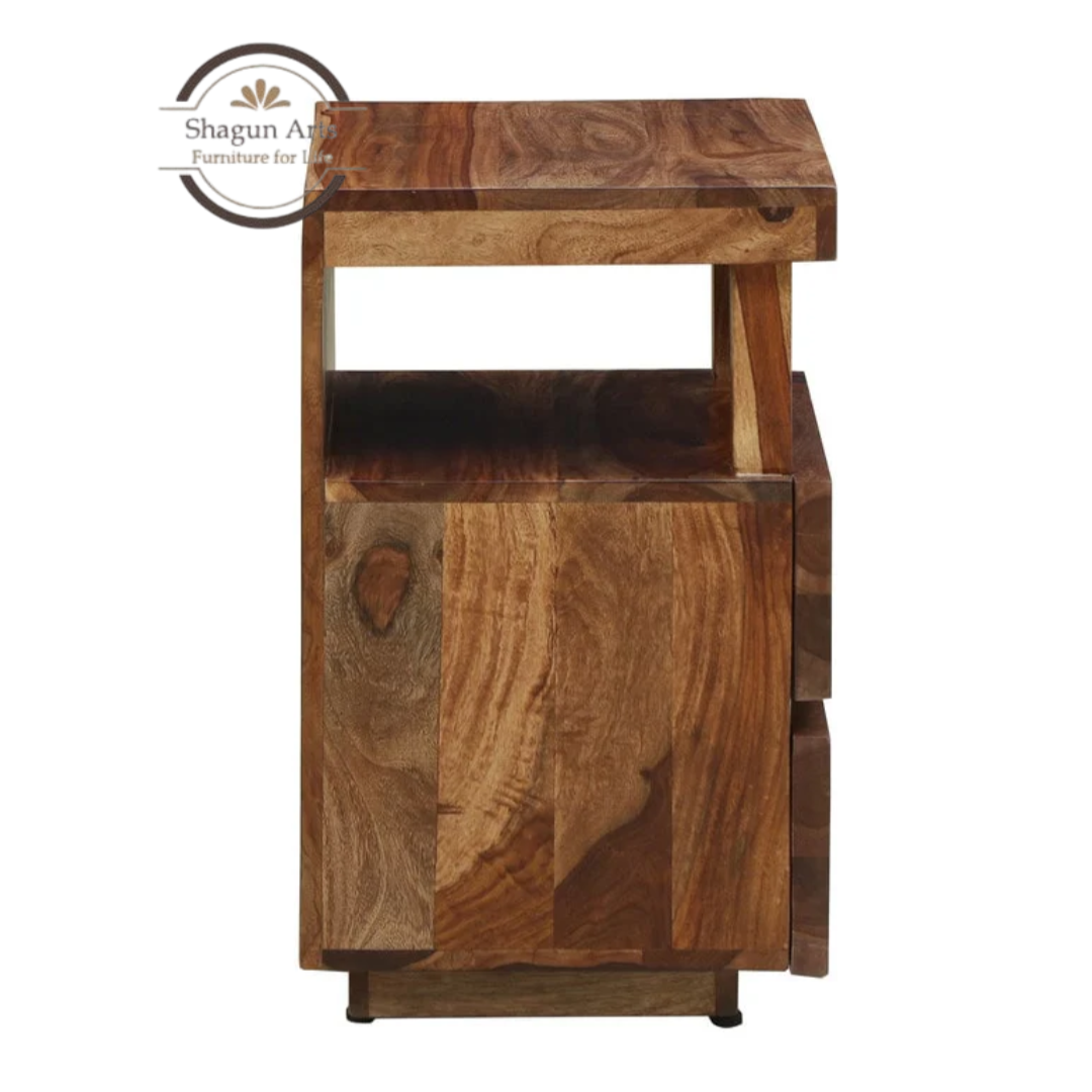Solid Sheesham Wood Bedside Table with 2 Drawers & Open Shelf | Modern Wooden Nightstand | Walnut Finish