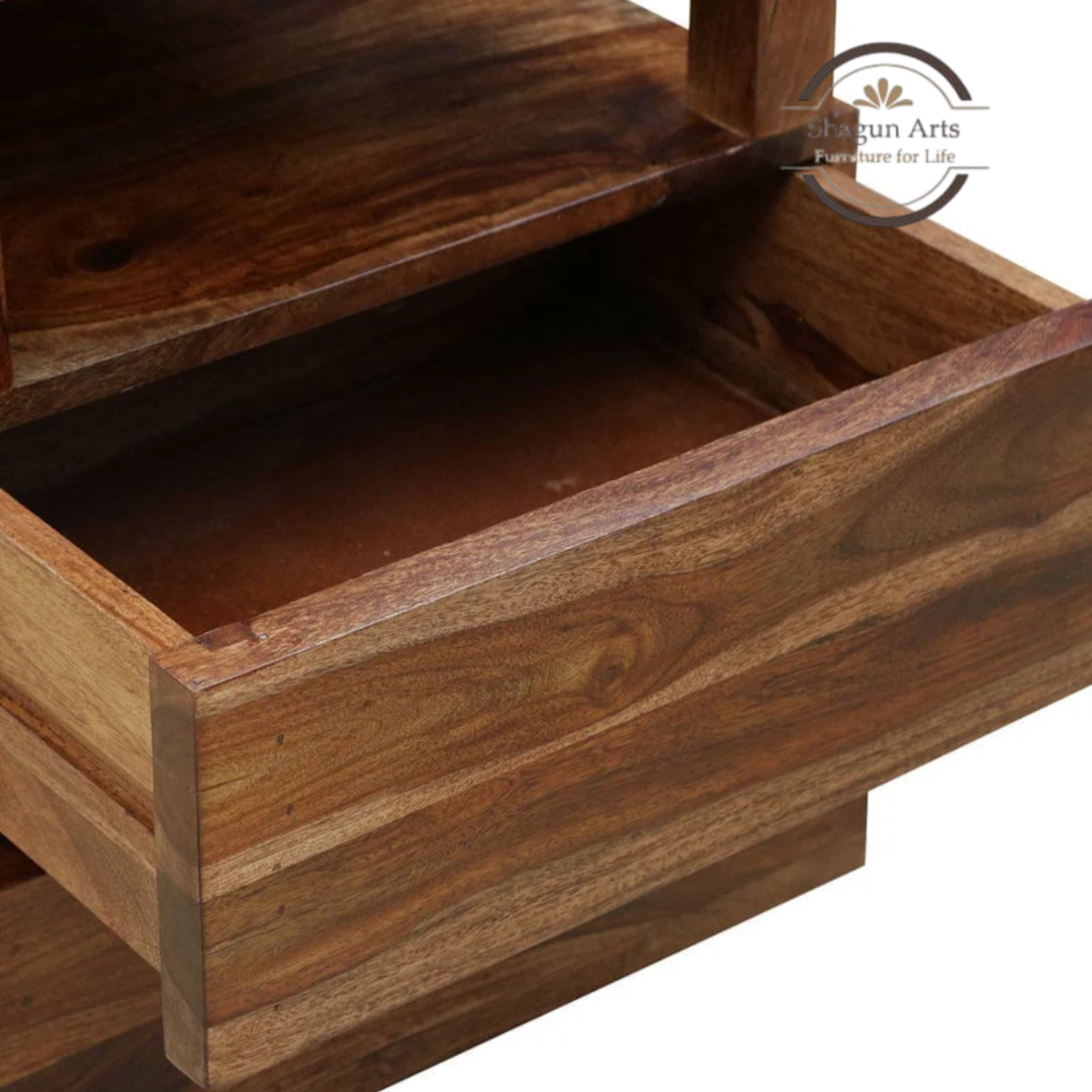 Solid Sheesham Wood Bedside Table with 2 Drawers & Open Shelf | Modern Wooden Nightstand | Walnut Finish