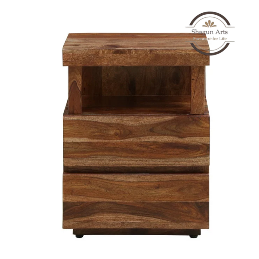 Solid Sheesham Wood Bedside Table with 2 Drawers & Open Shelf | Modern Wooden Nightstand | Walnut Finish