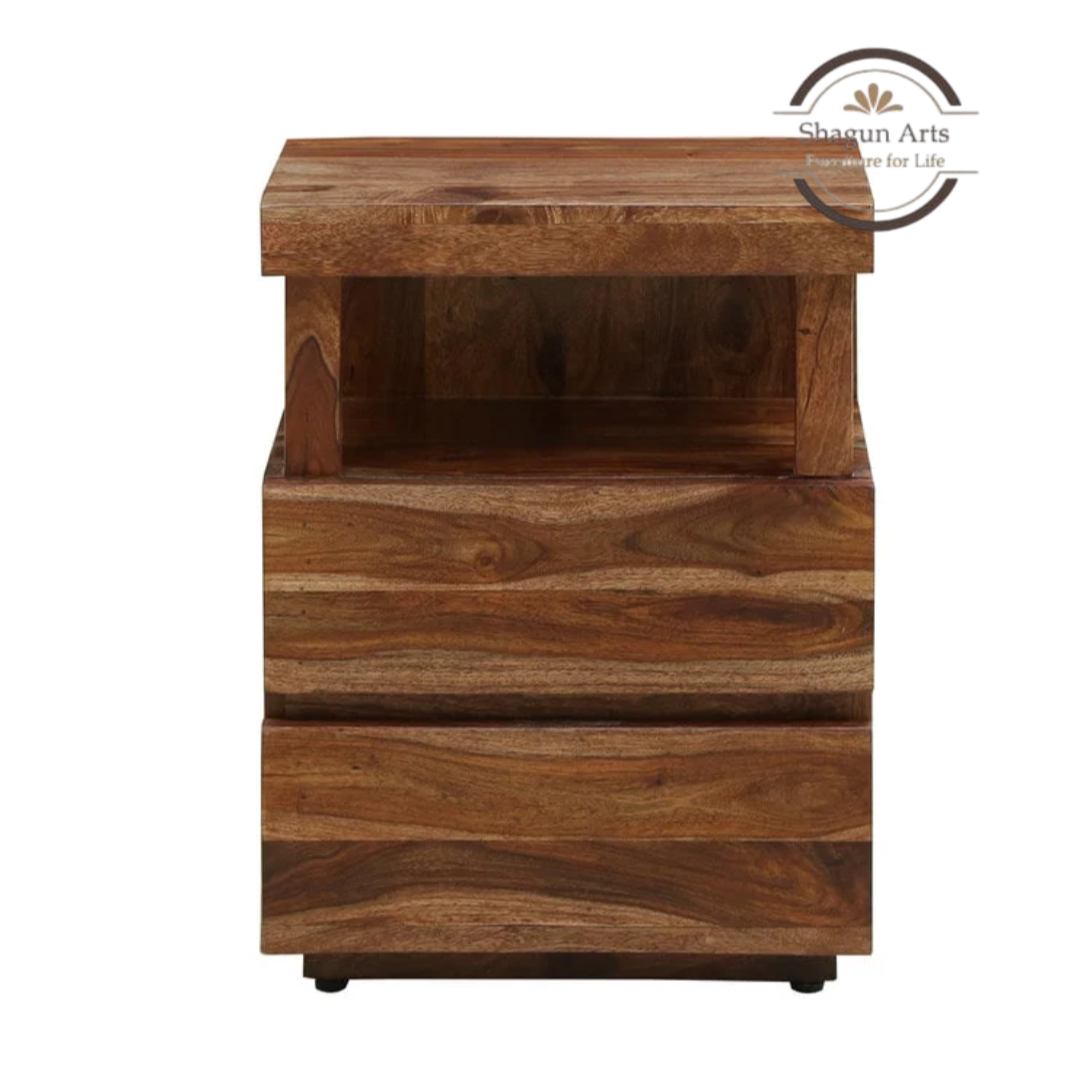 Solid Sheesham Wood Bedside Table with 2 Drawers & Open Shelf | Modern Wooden Nightstand | Walnut Finish