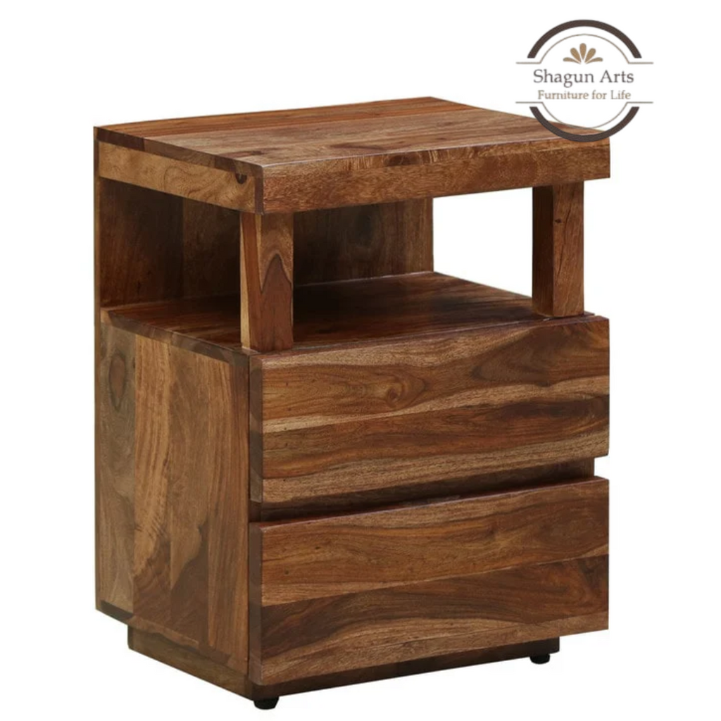 Solid Sheesham Wood Bedside Table with 2 Drawers & Open Shelf | Modern Wooden Nightstand | Walnut Finish