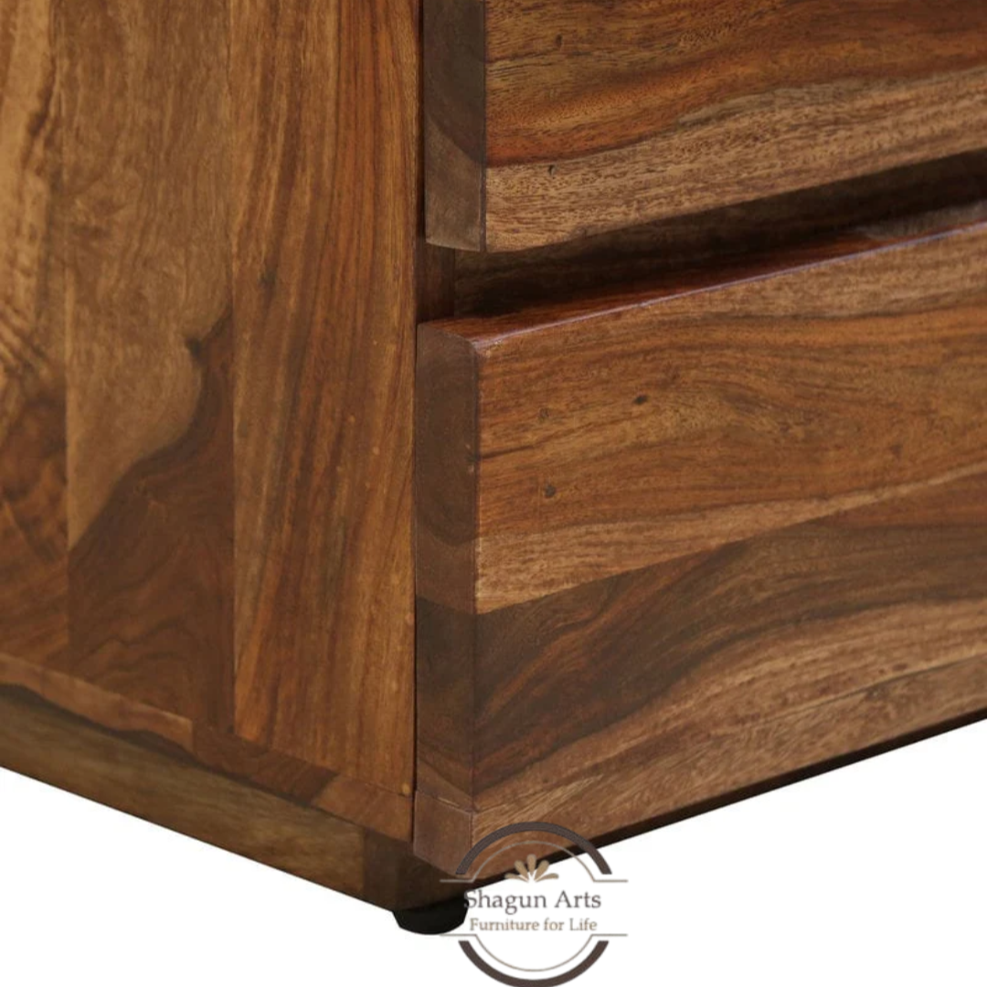 Solid Sheesham Wood Bedside Table with 2 Drawers & Open Shelf | Modern Wooden Nightstand | Walnut Finish