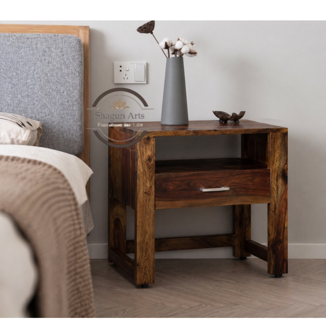 Solid Sheesham Wood Bedside Table with 1 Drawer & Open Shelf | Modern Wooden Nightstand | Walnut Finish