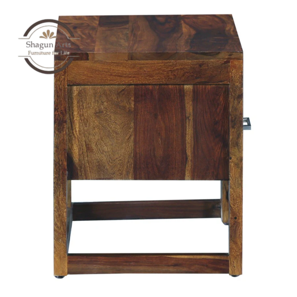 Solid Sheesham Wood Bedside Table with 1 Drawer & Open Shelf | Modern Wooden Nightstand | Walnut Finish