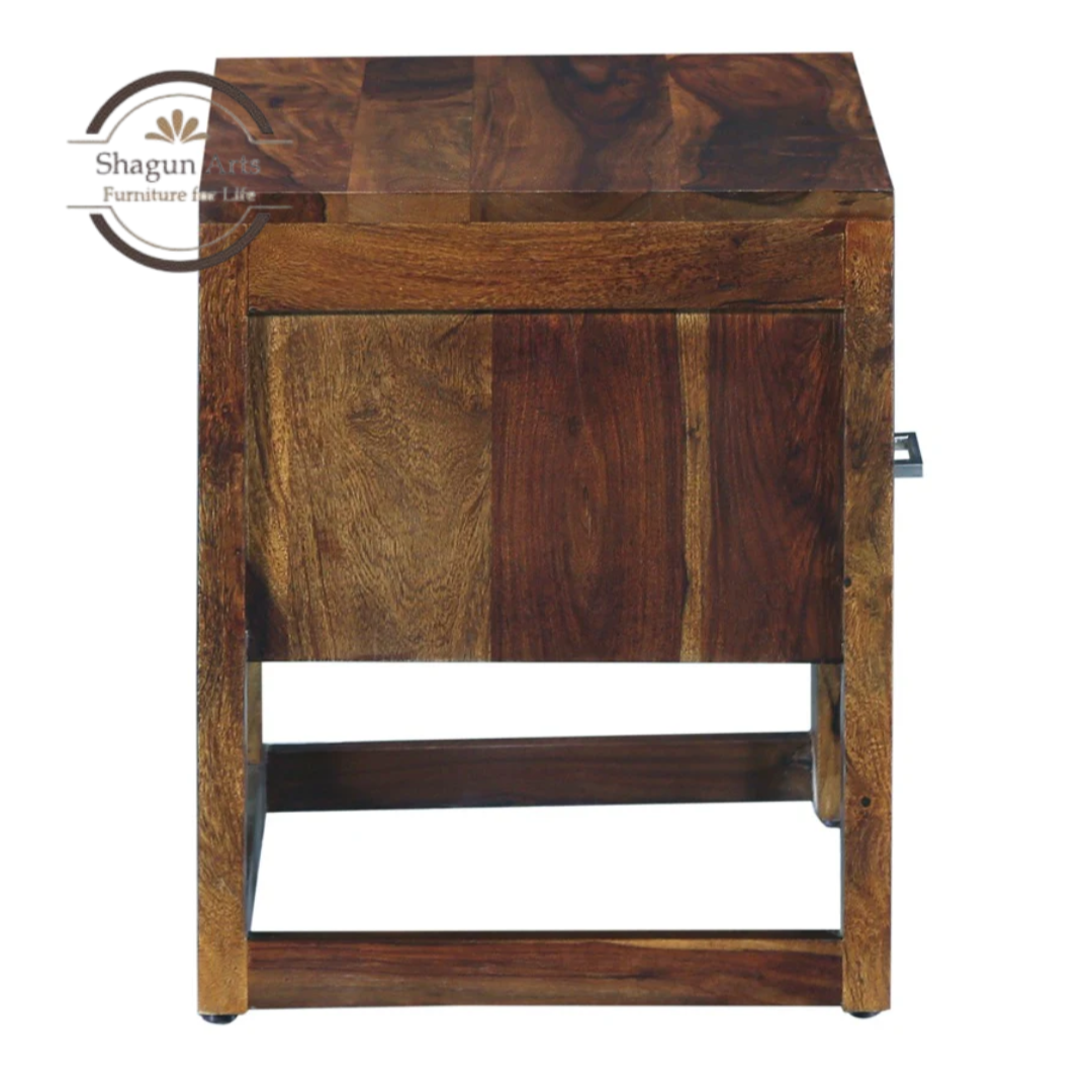 Solid Sheesham Wood Bedside Table with 1 Drawer & Open Shelf | Modern Wooden Nightstand | Walnut Finish