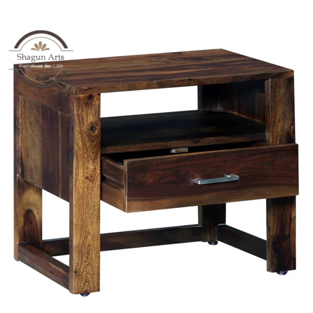 Solid Sheesham Wood Bedside Table with 1 Drawer & Open Shelf | Modern Wooden Nightstand | Walnut Finish
