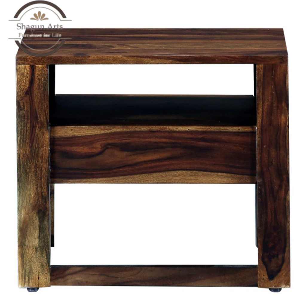 Solid Sheesham Wood Bedside Table with 1 Drawer & Open Shelf | Modern Wooden Nightstand | Walnut Finish