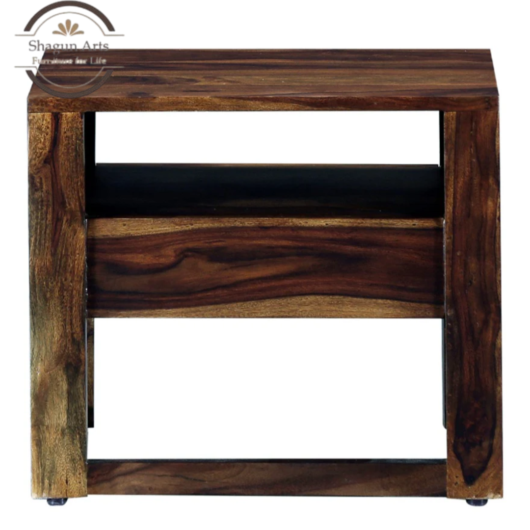 Solid Sheesham Wood Bedside Table with 1 Drawer & Open Shelf | Modern Wooden Nightstand | Walnut Finish