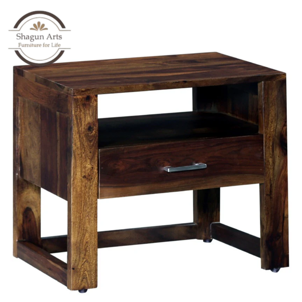 Solid Sheesham Wood Bedside Table with 1 Drawer & Open Shelf | Modern Wooden Nightstand | Walnut Finish