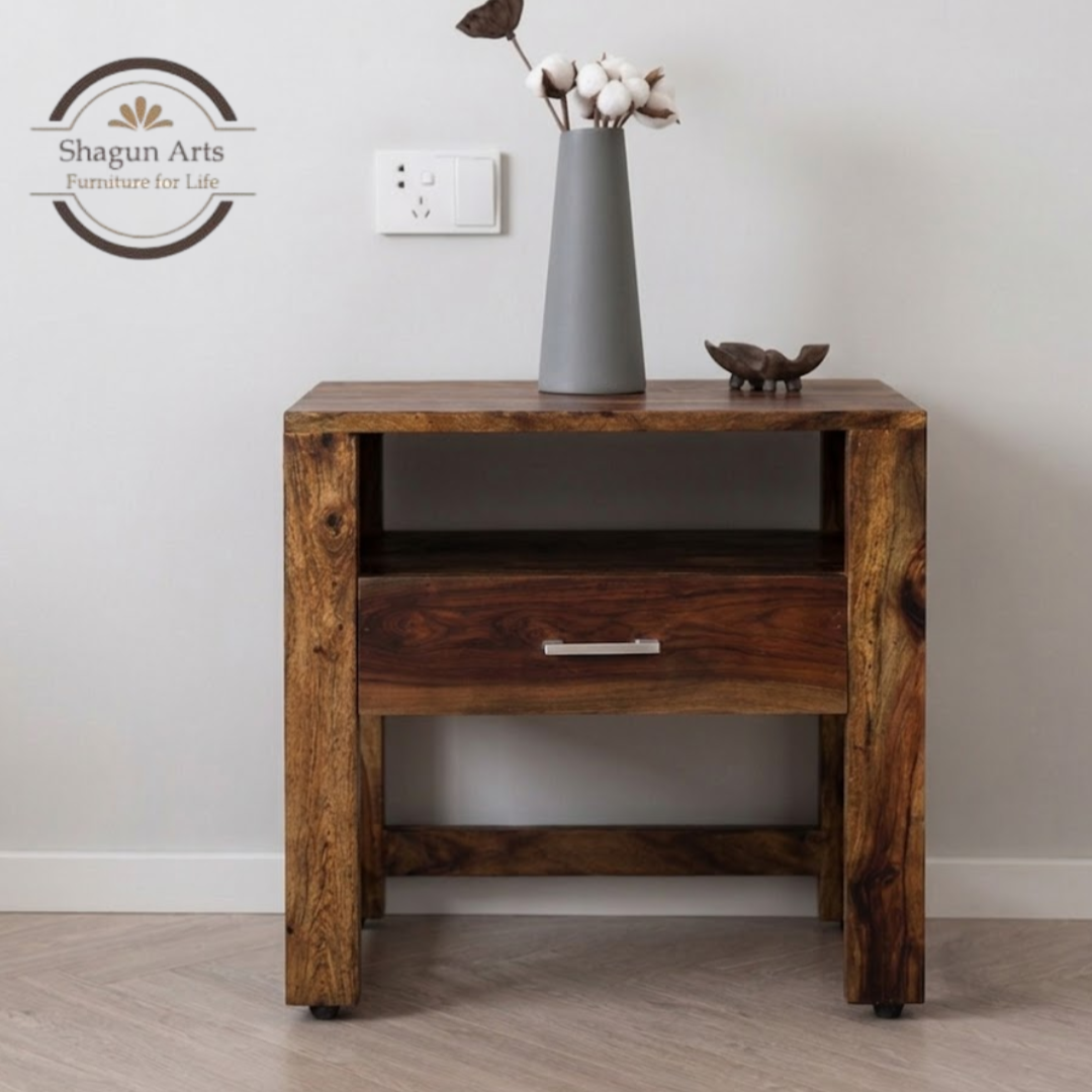 Solid Sheesham Wood Bedside Table with 1 Drawer & Open Shelf | Modern Wooden Nightstand | Walnut Finish