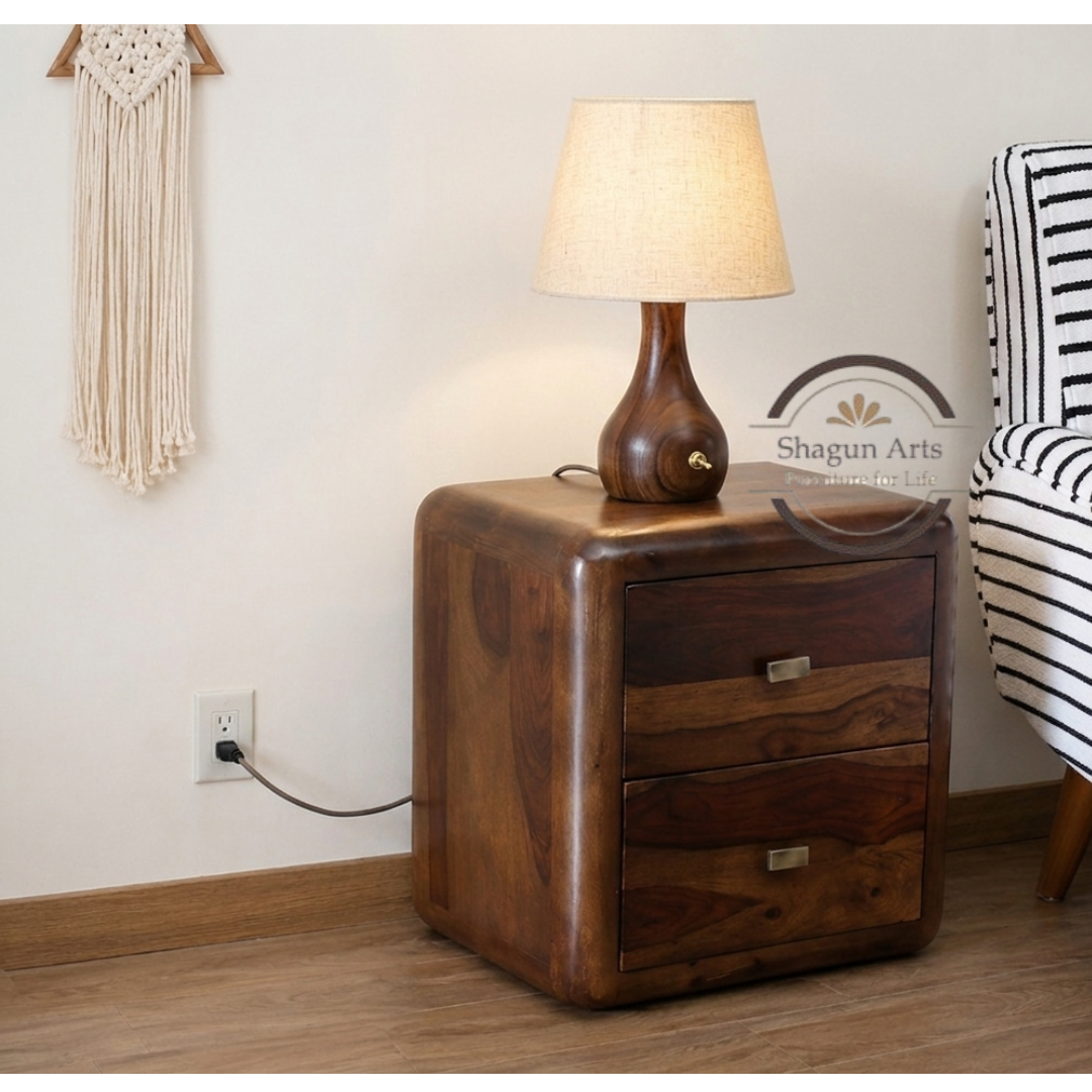 Solid Sheesham Wood Curved Bedside Table with 2 Drawers | Modern Wooden Nightstand | Walnut Finish Provincial Teak Finish