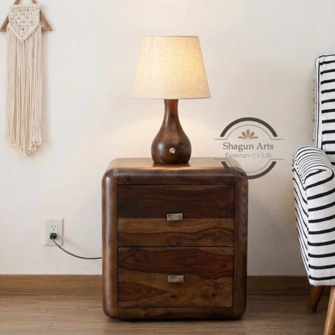 Solid Sheesham Wood Curved Bedside Table with 2 Drawers | Modern Wooden Nightstand | Walnut Finish Provincial Teak Finish