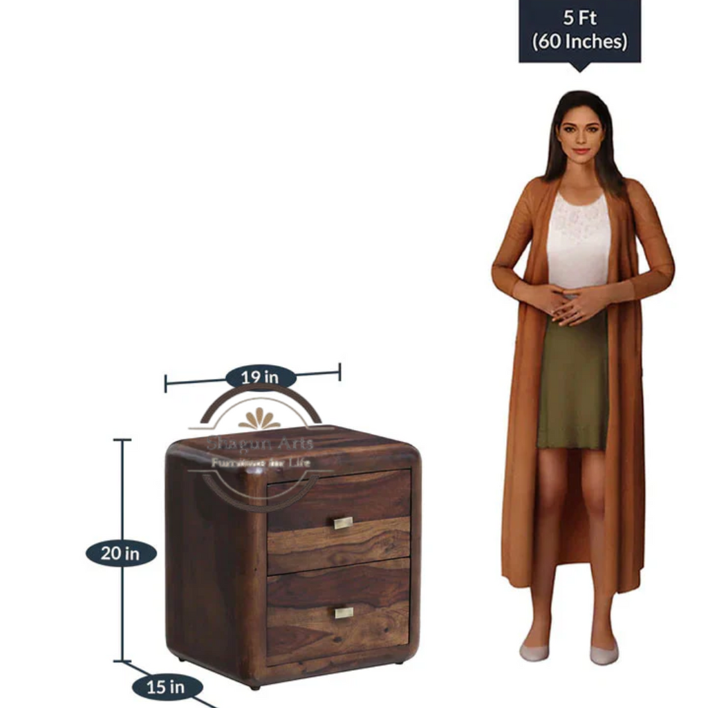 Solid Sheesham Wood Curved Bedside Table with 2 Drawers | Modern Wooden Nightstand | Walnut Finish Provincial Teak Finish