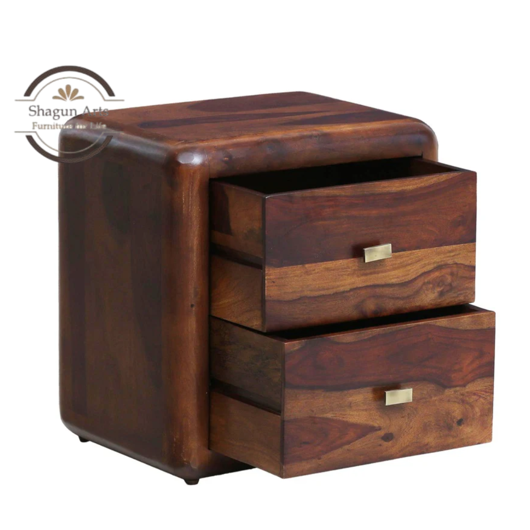 Solid Sheesham Wood Curved Bedside Table with 2 Drawers | Modern Wooden Nightstand | Walnut Finish Provincial Teak Finish