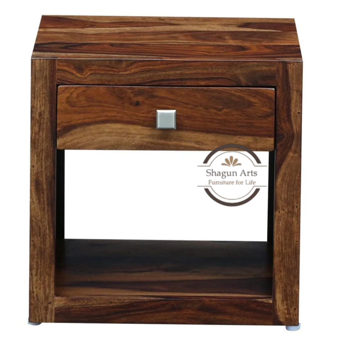 Solid Sheesham Wood Bedside Table with 1 Drawer & Open Shelf | Modern Wooden Nightstand | Rustic TeakFinish