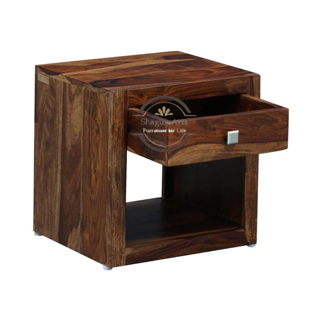 Solid Sheesham Wood Bedside Table with 1 Drawer & Open Shelf | Modern Wooden Nightstand | Rustic TeakFinish