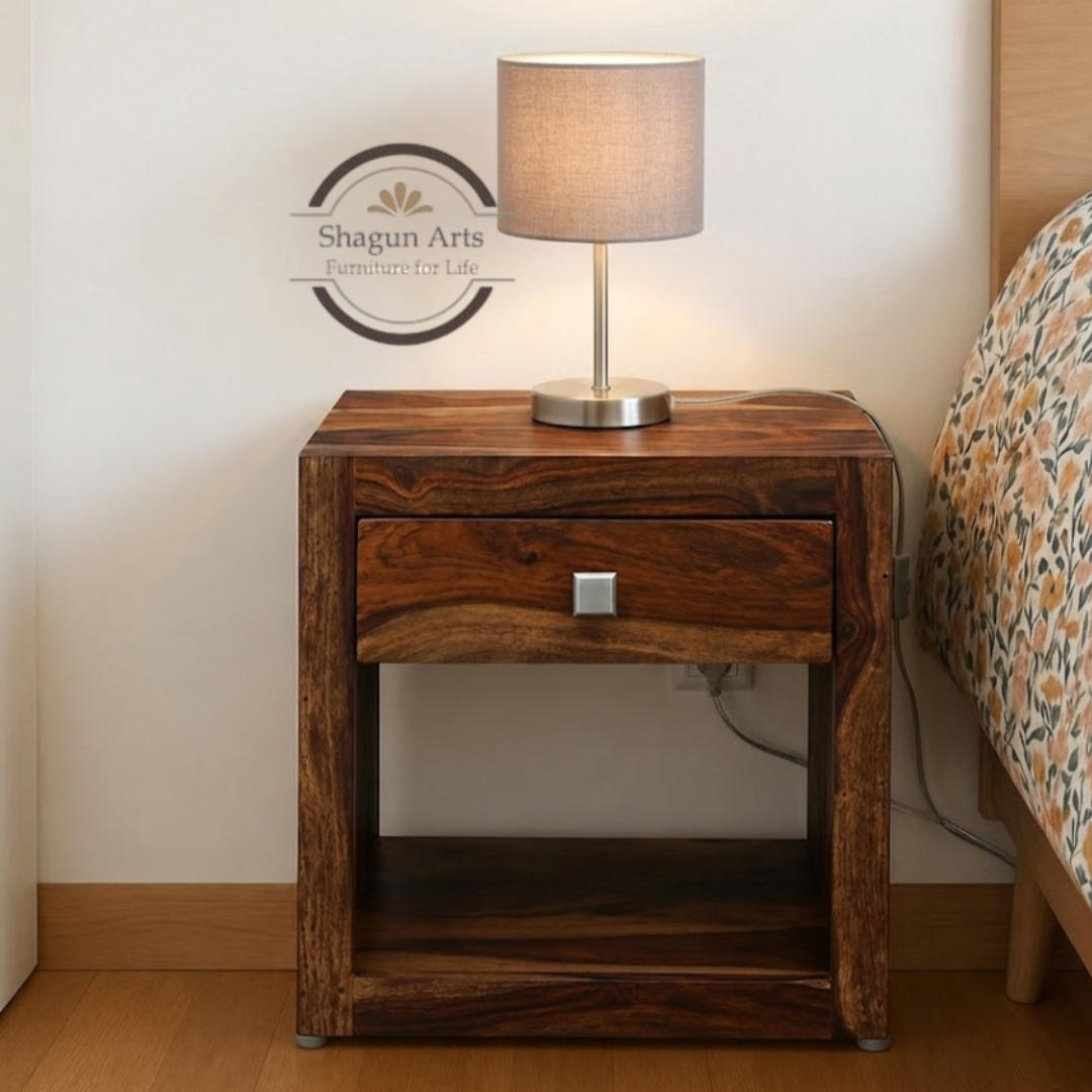 Solid Sheesham Wood Bedside Table with 1 Drawer & Open Shelf | Modern Wooden Nightstand | Rustic TeakFinish