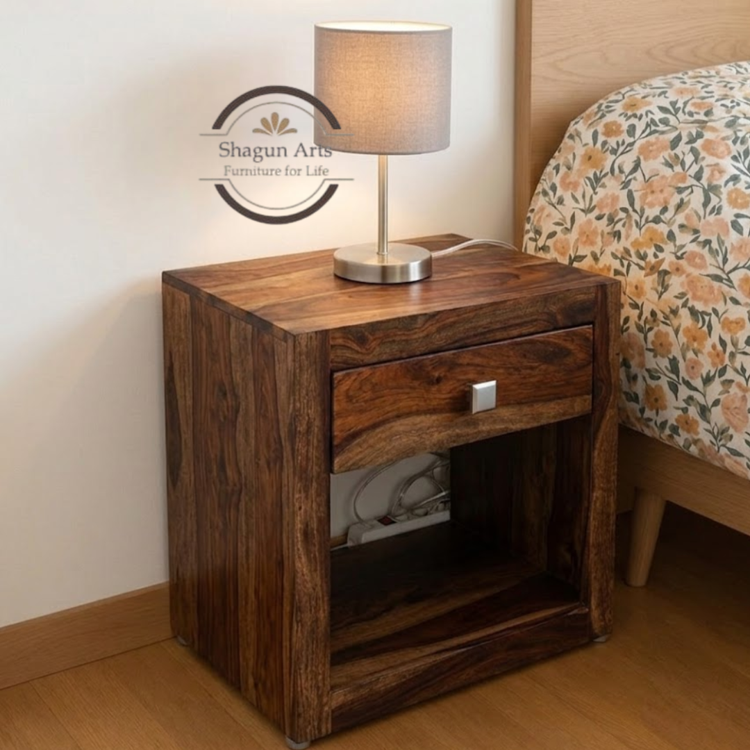 Solid Sheesham Wood Bedside Table with 1 Drawer & Open Shelf | Modern Wooden Nightstand | Rustic TeakFinish