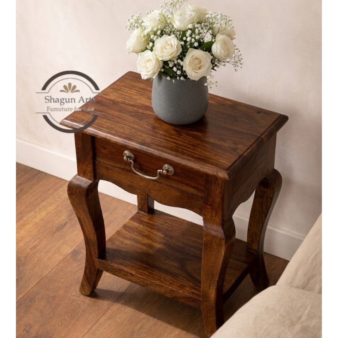 Heritage Solid Sheesham Wood Bedside Table with Drawer & Open Shelf